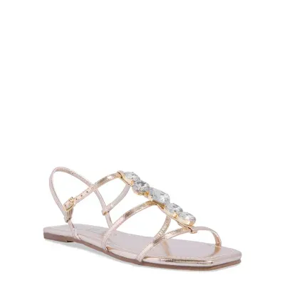 Rasteira Metalizada Dourada Bico Quadrado Pedrarias