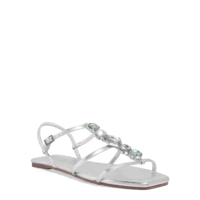 Rasteira Metalizada Prata Bico Quadrado Pedrarias