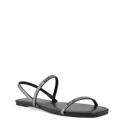 Rasteira Metalizada Preto Bico Quadrado Brilho