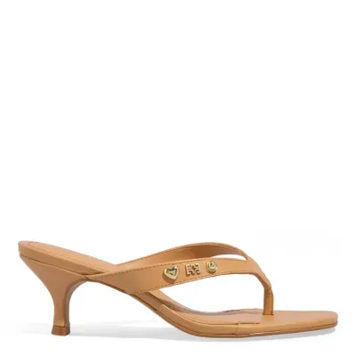 Mule Thong Couro Caramelo Bico Quadrado