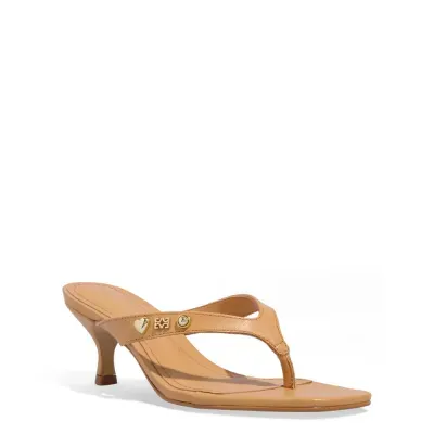 Mule Thong Couro Caramelo Bico Quadrado