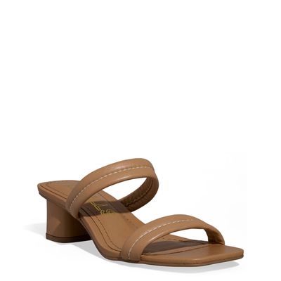 Mule Couro Salto Baixo Caramelo Pespontos