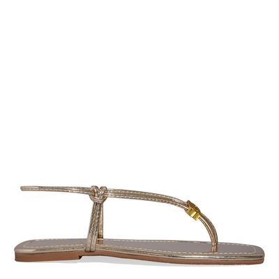 Rasteira Dourada Metalizada Bico Quadrado Seta