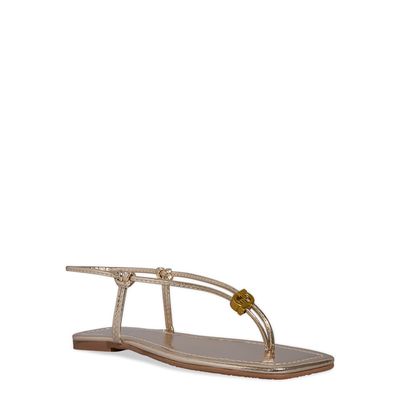 Rasteira Dourada Metalizada Bico Quadrado Seta