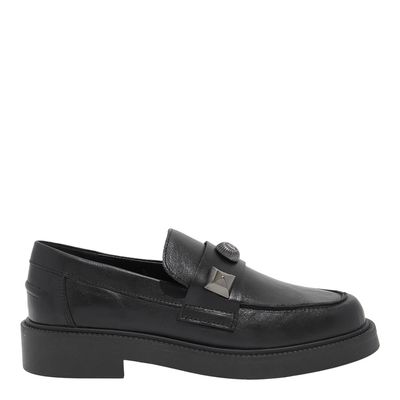 Mocassim Couro Preto Bico Redondo Tachas
