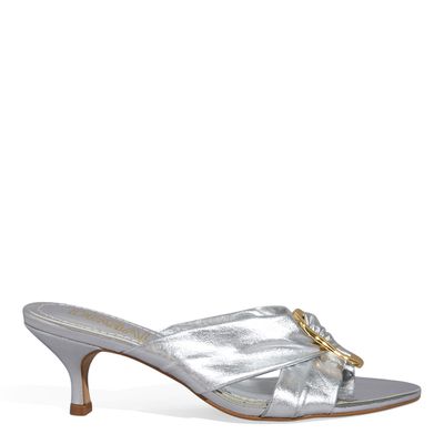 Mule Metal Orgânico Tiras Cruzadas Napa Metalizado Prata Salto Fino