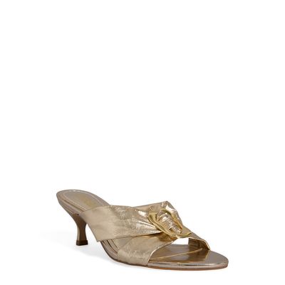 Mule Metal Orgânico Tiras Cruzadas Napa Metalizado Dourado Salto Fino