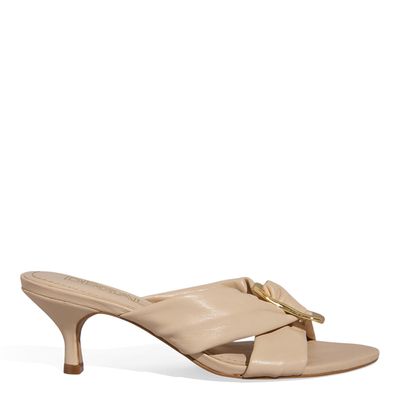 Mule Metal Orgânico Tiras Cruzadas Soft Vegetal Bege Salto Fino