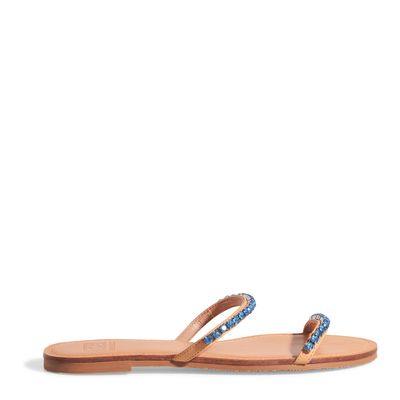 Rasteira fio couro natural strass turquesa
