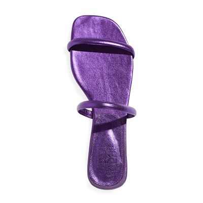 Rasteira bico redondo tiras metalizada roxo
