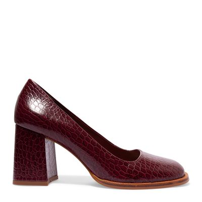 Scarpin médio bico redondo croco bordô