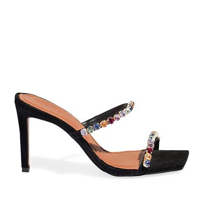 Sandália Mule alta quadrada acamurçado preto tiras strass