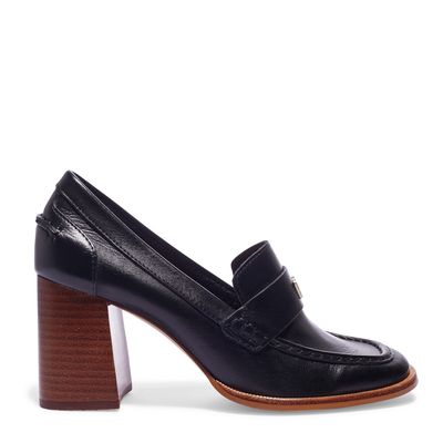 Mocassim Preto Couro Salto Alto E Grosso
