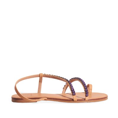 Rasteira forrada couro natural strass lilás