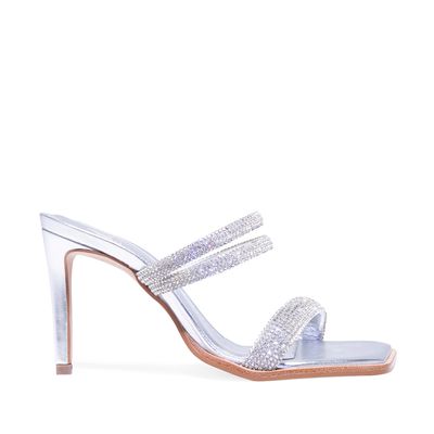 Sandália Mule alta metalizada prata strass prata