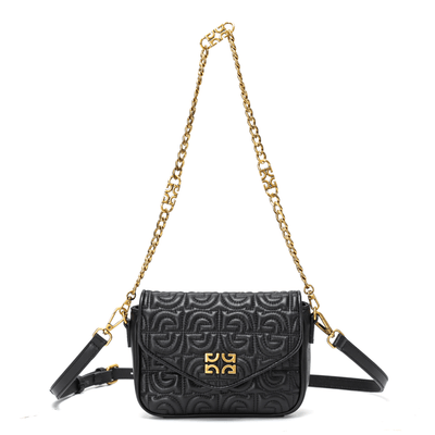 Bolsa Tiracolo Preta Couro Logo Alça Corrente