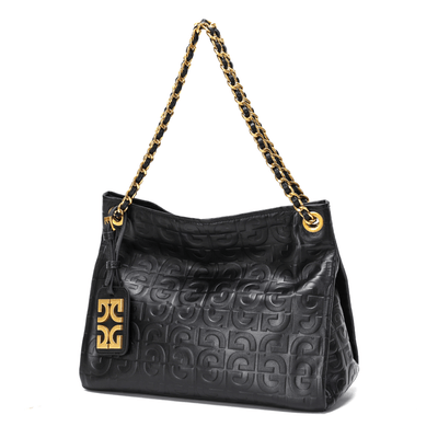 Bolsa Hobo Preta Couro Alça De Ombro Corrente