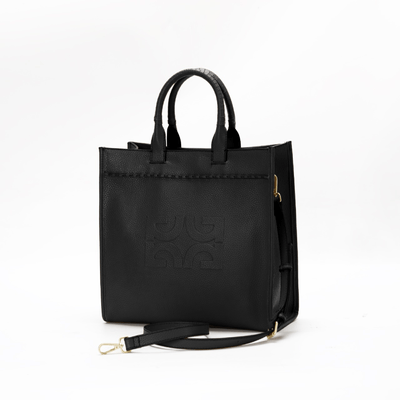 Bolsa Tote Couro Preta Monograma Alça Transversal