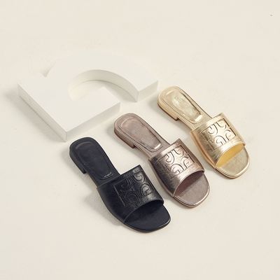 Rasteira slide couro cristal ouro light