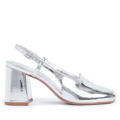 Scarpin Slingback Salto Bloco Prata