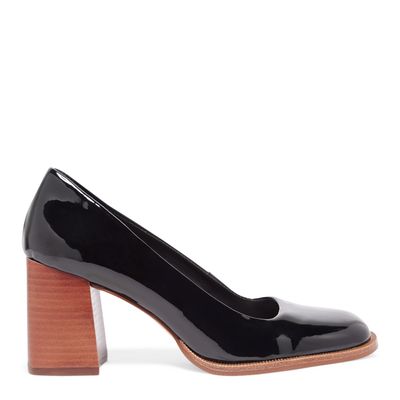 Scarpin Bico Quadrado Verniz Preto Salto Bloco