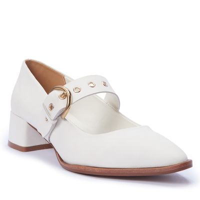 Scarpin Mary Jane Couro Off White Ilhós