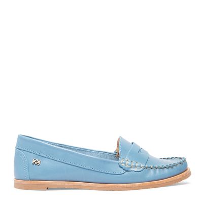 Mocassim Azul bico redondo couro