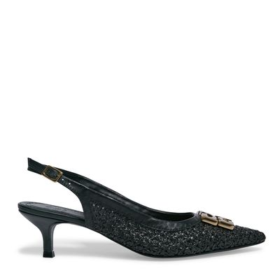 Scarpin slingback tramado preto salto baixo