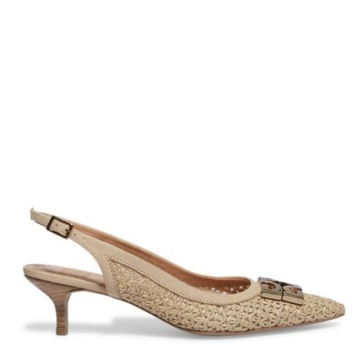 Scarpin slingback tramado bege salto baixo