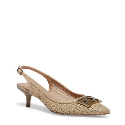Scarpin slingback tramado bege salto baixo