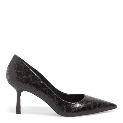 Scarpin Bico Fino Escama Preto Salto Fino Médio