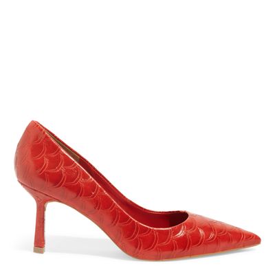 Scarpin Bico Fino Escama Vermelho Salto Fino Médio