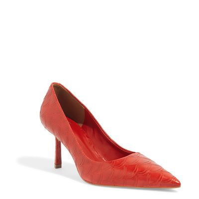 Scarpin Bico Fino Escama Vermelho Salto Fino Médio