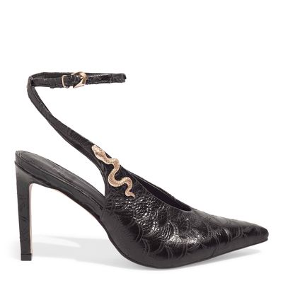 Scarpin Slingback Escama Preta Cobra Salto Fino