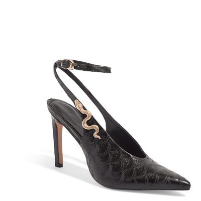 Scarpin Slingback Escama Preta Cobra Salto Fino