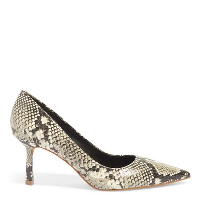 Scarpin Bico Fino Couro Animal Print Cobra Salto Fino Médio