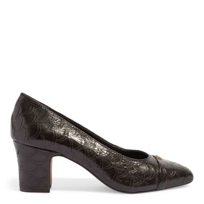 Scarpin Chanel Bico Redondo Couro Escama Preto Salto Bloco Baixo