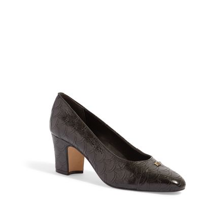 Scarpin Chanel Bico Redondo Couro Escama Preto Salto Bloco Baixo