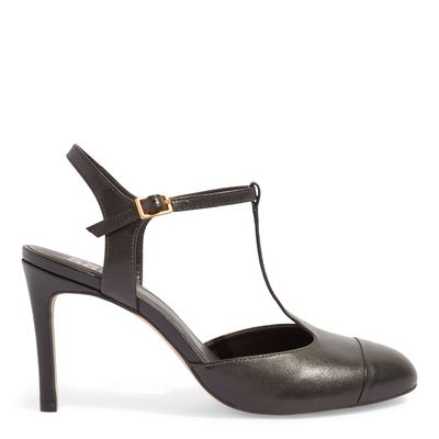 Scarpin Tira Salomé Couro Preto Salto Alto Fino
