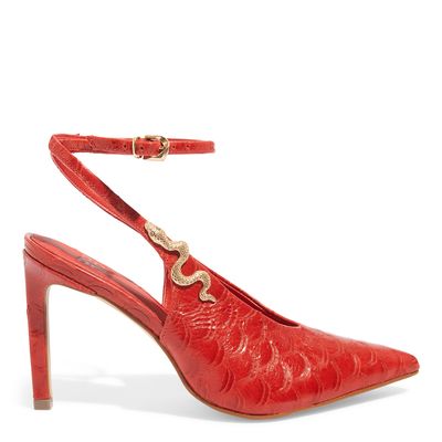 Scarpin Slingback Escama Vermelha Cobra Salto Fino