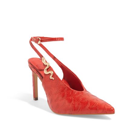 Scarpin Slingback Escama Vermelha Cobra Salto Fino