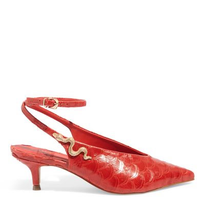 Scarpin Slingback Escama Vermelha Cobra Salto Baixo