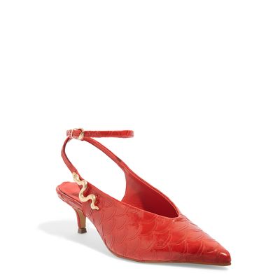 Scarpin Slingback Escama Vermelha Cobra Salto Baixo