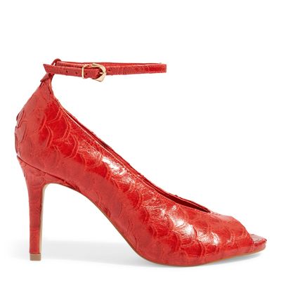 Peep Toe Escama Vermelha Cobra Salto Alto
