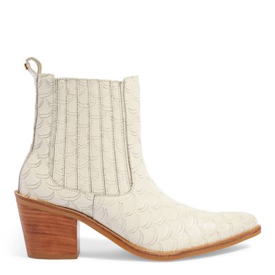 Bota Off White Bico Fino Escama Salto Bloco