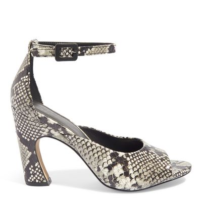 Sandália Couro Escama Animal Print Python Salto Geométrico