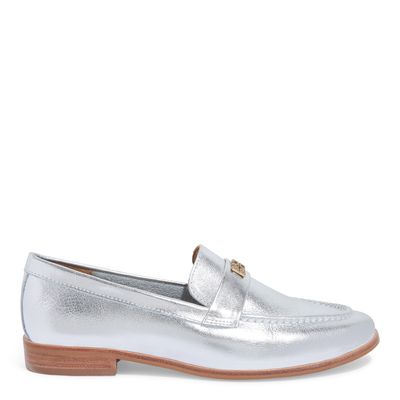 Mocassim Couro Cristal Prata Bico Redondo