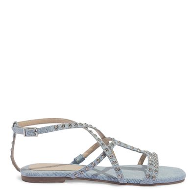 Rasteira Jeans Tiras Strass Hotfix