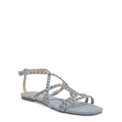 Rasteira Jeans Tiras Strass Hotfix