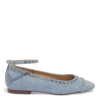 Sapatilha Bico Redondo Azul Jeans Strass Hotfix